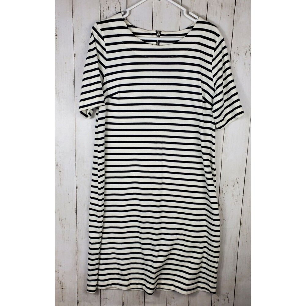 Lindex Women's Size Large Dress White Navy Striped Cotton Short Sleeve Zip Soft